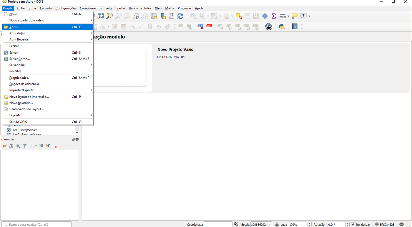 A tela principal do QGIS